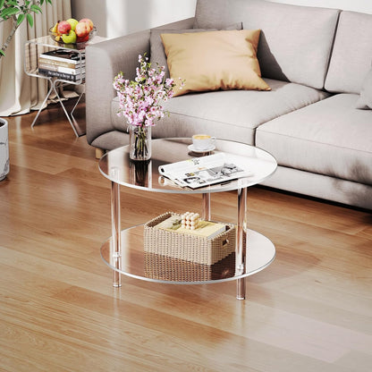 Acryl salontafel voor woonkamer, rond, Lucite tafel met open opbergrek, doorzichtig