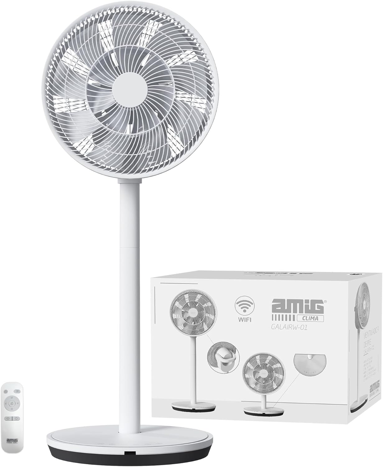 Amig - GALAIR WIFI-01 Staande en Tafelventilator - Stil 13 dB - 26 Snelheden - Verticale en Horizontale Oscillatie - Laag Verbruik 27 W - Afstandsbediening en App - LED-verlichting