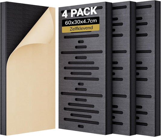 TONOR Houtfineer Akoestische Panelen Zelfklevend, 4 Stuks 60x30x4,7cm Akoestische Panelen Wandpanelen Houtlook, Akoestische Panelen voor Akoestische Behandeling en Wanddecoratie, Kantoor, Zwart