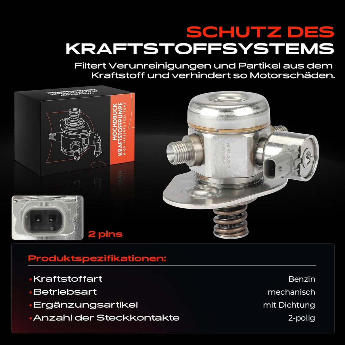 Hogedrukpomp – Brandstofpomp – Benzinepomp – Injectiepomp – Inspuitpomp – Voor 1.2L 1.5L En 2.0L Benzinemotoren – Mechanisch Met Afdichting En 2-Polige Aansluiting