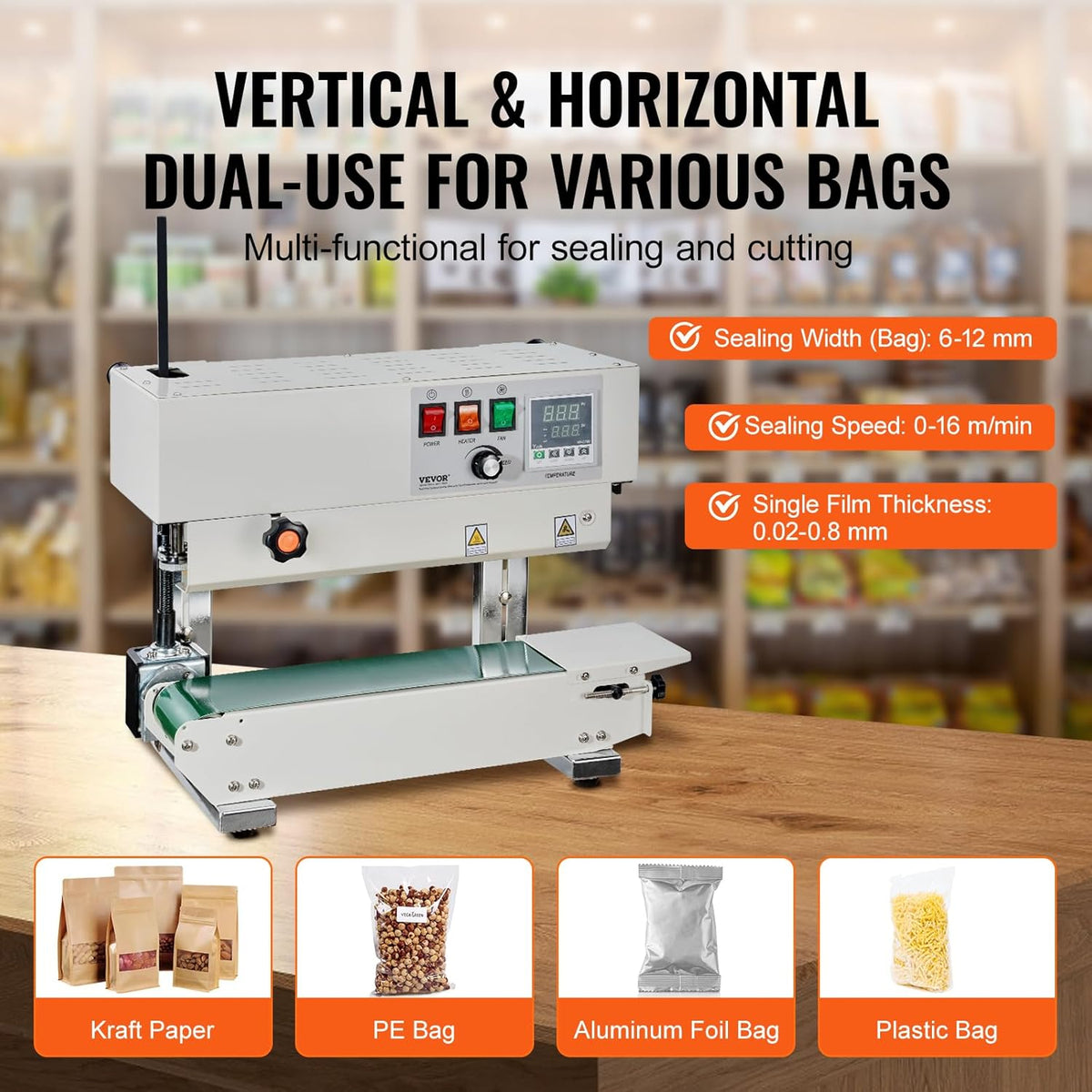 VEVOR Continu zak het verzegelen machine, verzegeling breedte 6-12 mm, koolstofstaal verticale band sealer met digitale temperatuurregeling, voor films plastic zakken 0,02-0,8 mm