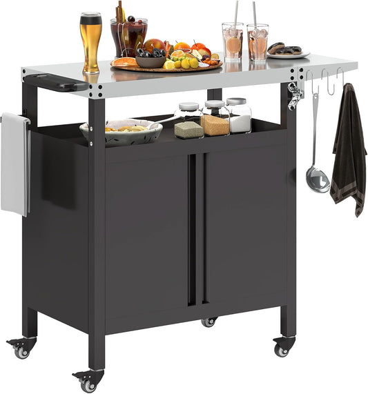 Outsunny Grill Trolley 3 Tier Folding Serving Trolley with Worktop Cabinet Hooks Wheels BBQ Grill Table Stainless Steel Outdoor Trolley Charcoal Grill for Garden Barbecue 116 x 50 x 93 cm - QUORE