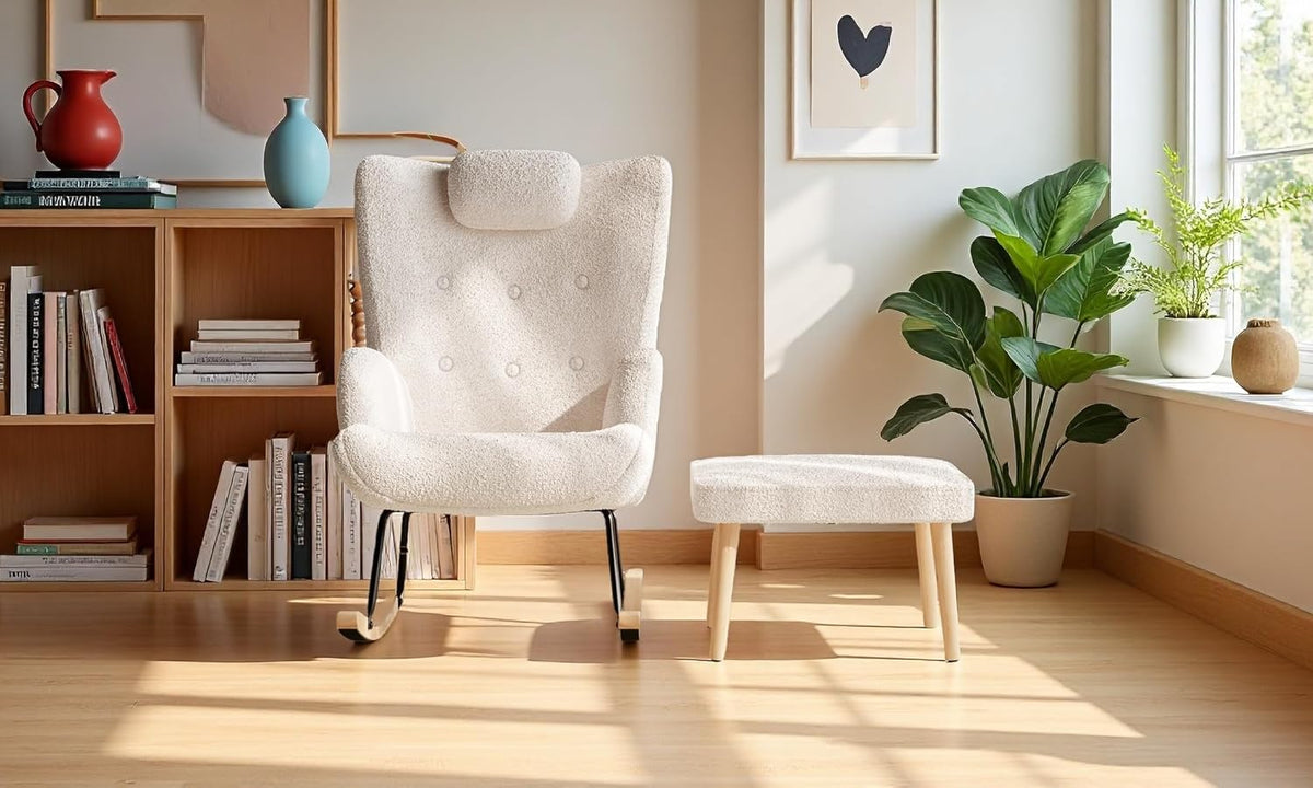 Schommelstoel – Relaxstoel – Schommelstoel Met Voetensteun – Lounge Stoel – Wipstoel – Teddy Pluche Wit – Houten Frame – Ergonomisch Hoofdsteun