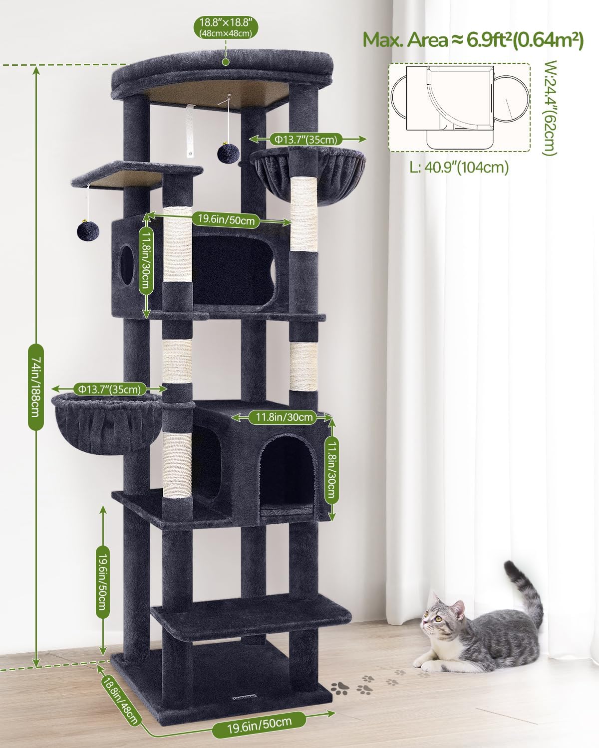 Krabpaal – Kattenboom – Kattenhuis – Kattenmand – Krabmeubel – Donkergrijs – 188 cm Hoog – 2 Grote Kattenhuisjes Met Platform