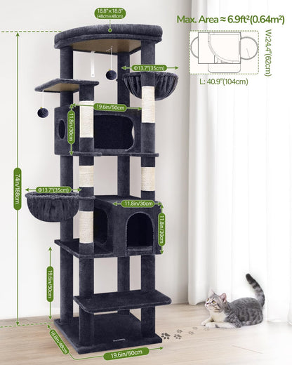 Krabpaal – Kattenboom – Kattenhuis – Kattenmand – Krabmeubel – Donkergrijs – 188 cm Hoog – 2 Grote Kattenhuisjes Met Platform