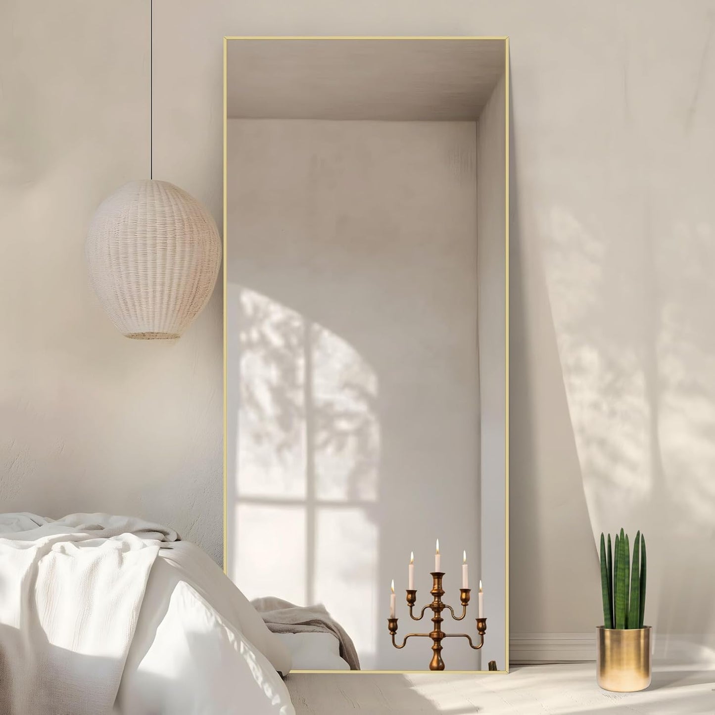 Rechthoekige full-body spiegel, 192 x 85 cm staande spiegel met gouden aluminium frame, grote wandspiegel vloerspiegel voor slaapkamer, entree, hal, woondecoratie
