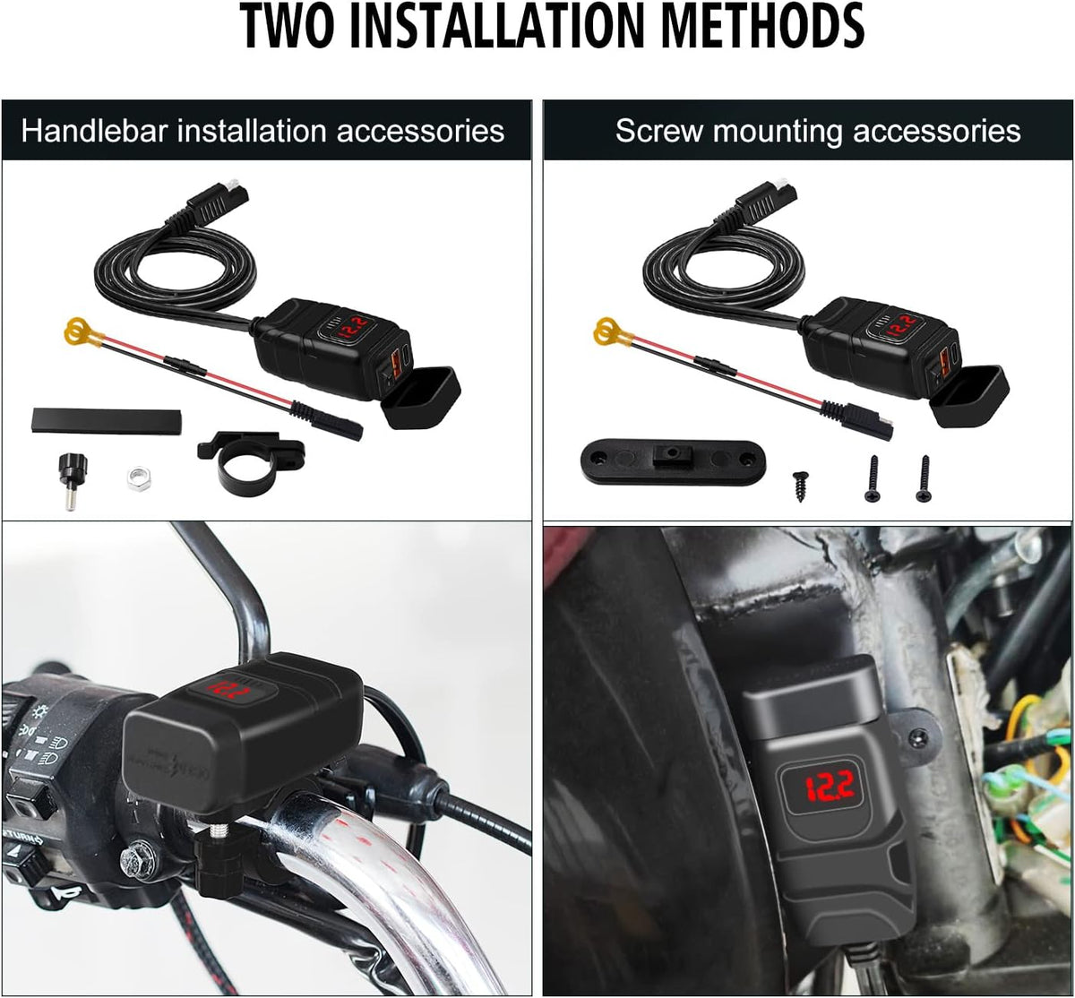USB-stopcontact voor motorfiets, 18 W QC3.0 30 W PD USB-oplader voor motorfiets, waterdicht, snel opladen met schakelaar en led-voltmeter, US-B-stuur voor marine, auto, camper, SUV, boten