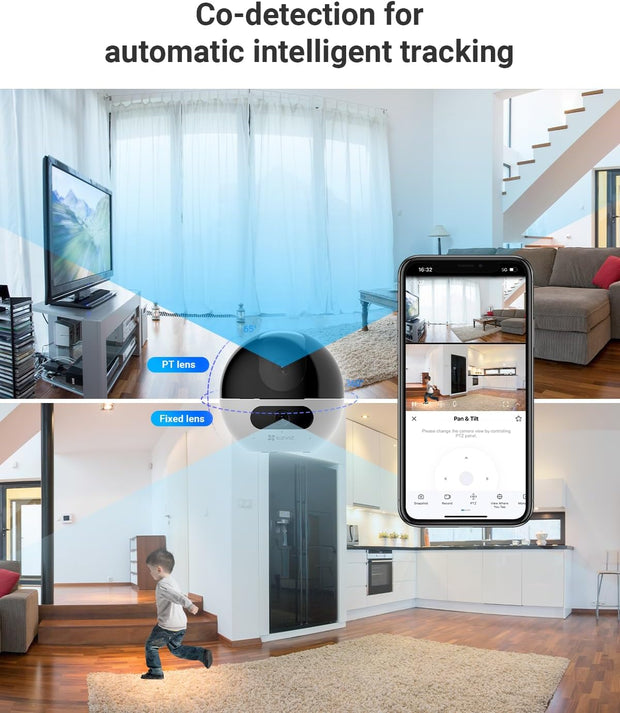 Beveiligingscamera - WiFi-bewakingscamera - Camerabewaking - met 360° - Dubbele Lens - 2K - 4MP+4 MP - Automatische Tracking - Persoons - Dierdetectie - Tweewegaudio - 10m Nachtzicht Patrouille - Privacymodus - voor Binnen - Wit