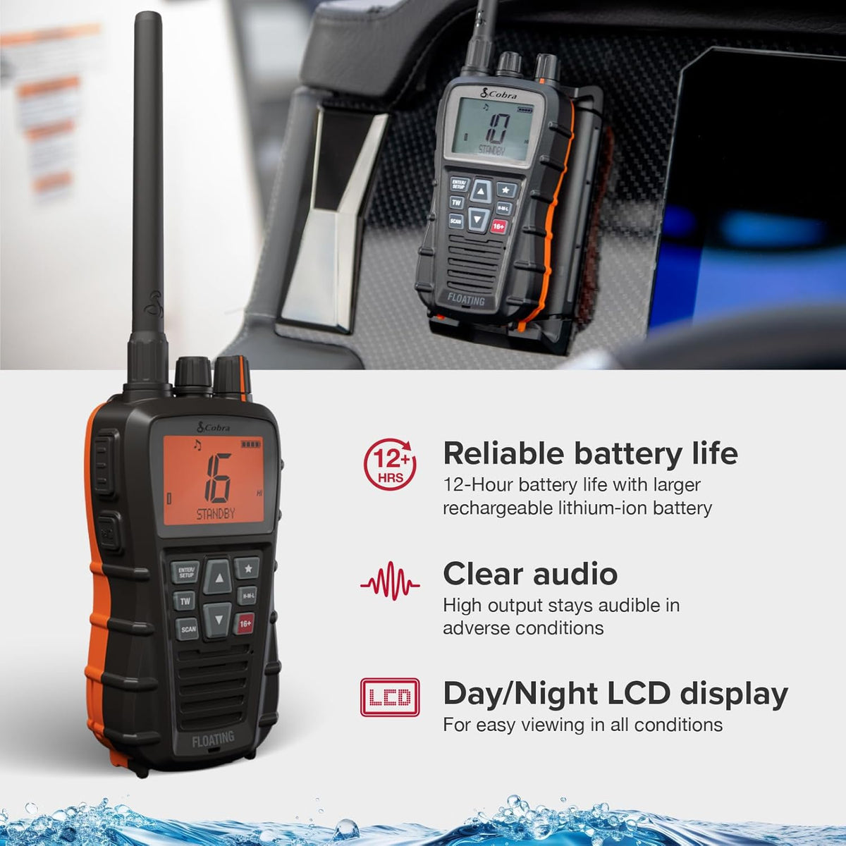 Cobra BlueBound 350 Handheld Zwevende VHF Marine Radio - 6 Watt, Float n ' Flash, IPX7 Waterdicht, Dompelbaar, Dag/Nacht LCD-display, Geheugenscan, Tri-Watch, Zwart