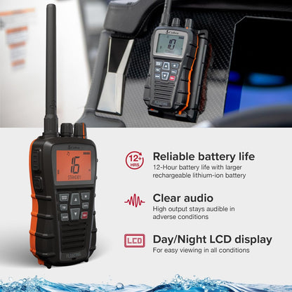 Cobra BlueBound 350 Handheld Zwevende VHF Marine Radio - 6 Watt, Float n ' Flash, IPX7 Waterdicht, Dompelbaar, Dag/Nacht LCD-display, Geheugenscan, Tri-Watch, Zwart