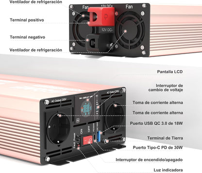 XWJNE Pure sinus-omvormer 3000 W/6000 W 12 V naar 230 V, 2 wisselstroomstopcontacten, 1 USB-uitgang, 1 USB-C-uitgang, afstandsbediening en led-display, geschikt voor auto, camper en vrachtwagen.