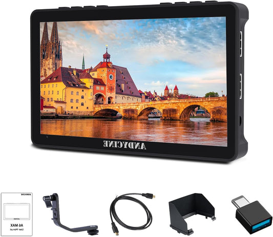 ANDYCINE A6 MAX 6 inch DSLR Camera Monitor with 2200mAh Battery+Carrying Case+Sun Canopy, 1080P 4K HDMI 3D LUT Focus Assit Waveform, Type-C 5V DC12V IN DC8.4V OUT Mirrorless Camera Field Touch Screen - QUORE