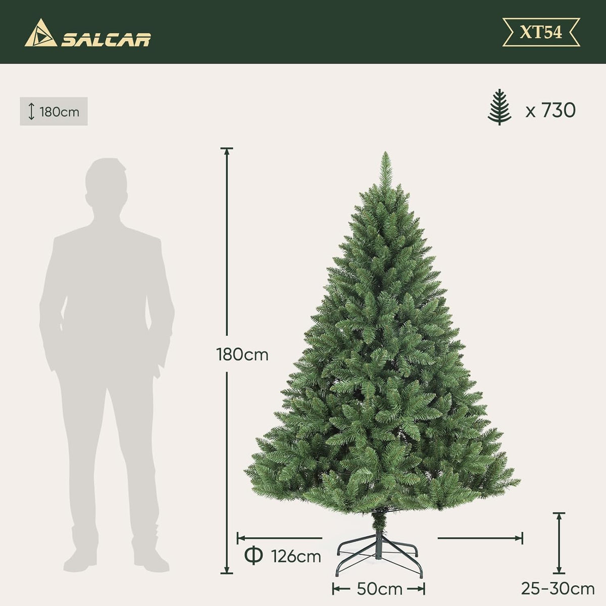SALCAR Kunstkerstboom, 180 cm, natuurgetrouwe dennenboom met 730 takpunten, groene Nordmann-spar met klapsysteem, ca. 126 cm extra grote boomdiameter
