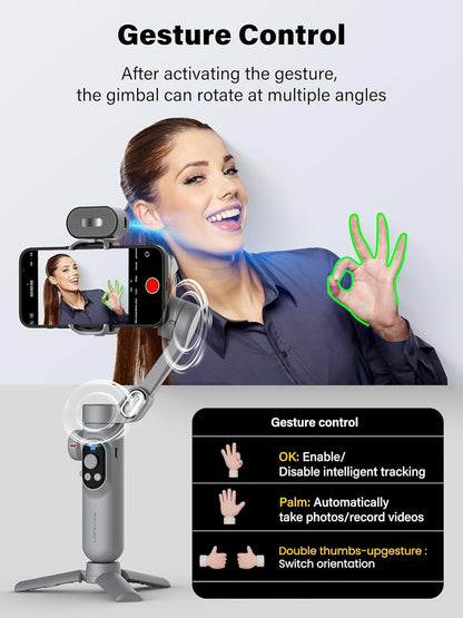 Gimbal Stabilizer voor Smartphone AI-tracking (geen app), 3-assige gimbal met OLED-display/ingebouwd licht, stabilisator voor iPhone en Android, AOCHUAN X Pro Grey AI-versie