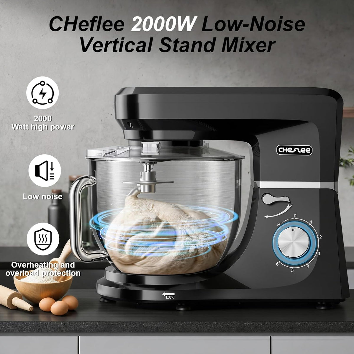CHeflee Professionele planetaire mixer 6+P Speed Elektrische Mixer Multifunctionele Elektrische Keukenmachine met 6 Accessoires voor Deeg, Crème, Cake, Pizza (zwart)