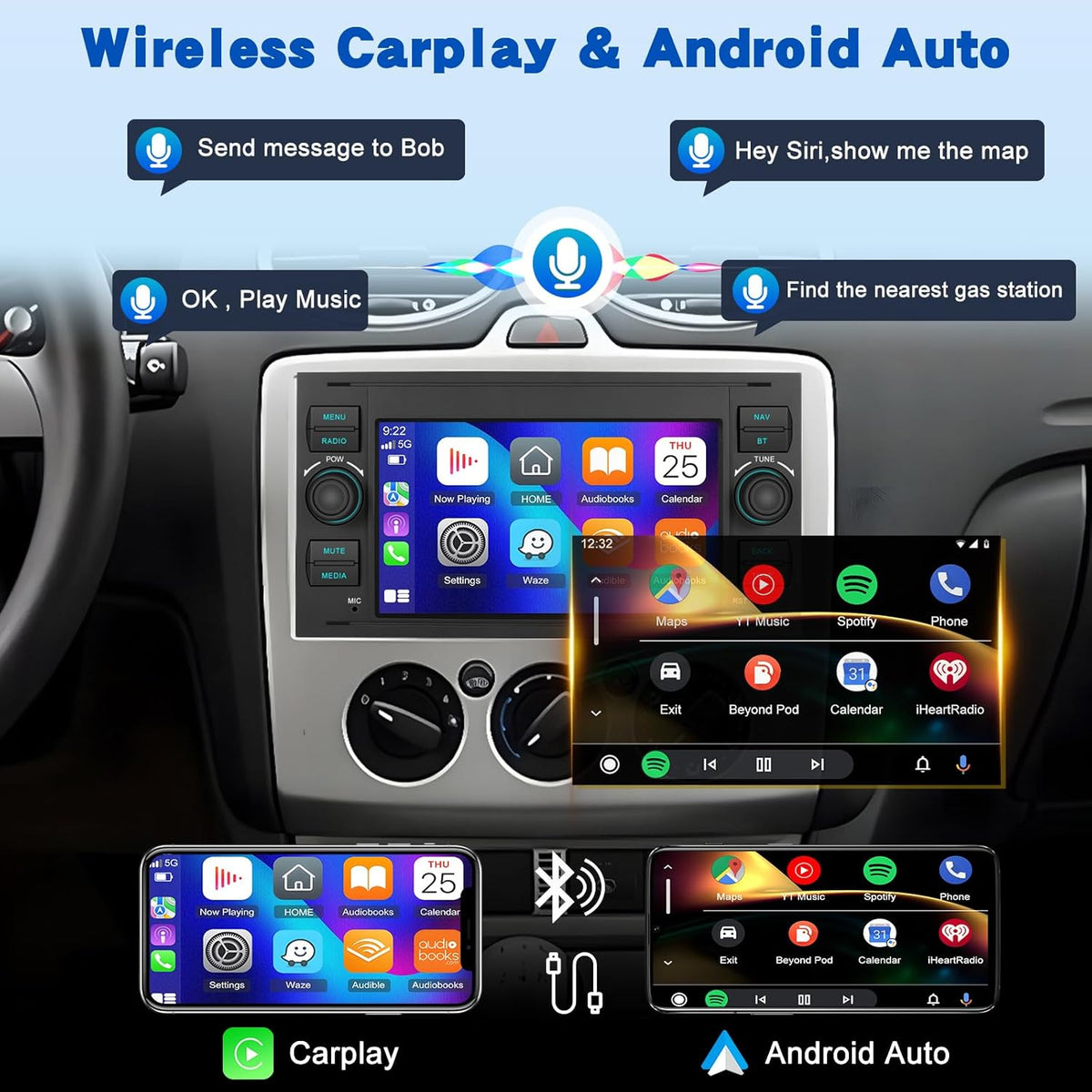 2G+64G Android Car Stereo for Ford Transit Fiesta Focus Galaxy Mondeo Fusion Kuga C-Max S-Max with Wireless Carplay & Android Auto, Touch Screen Car Radio with WiFi, GPS Navigation, Bluetooth, FM RDS