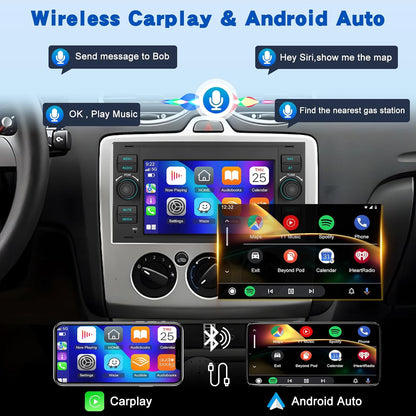 2G+64G Android Car Stereo for Ford Transit Fiesta Focus Galaxy Mondeo Fusion Kuga C-Max S-Max with Wireless Carplay & Android Auto, Touch Screen Car Radio with WiFi, GPS Navigation, Bluetooth, FM RDS
