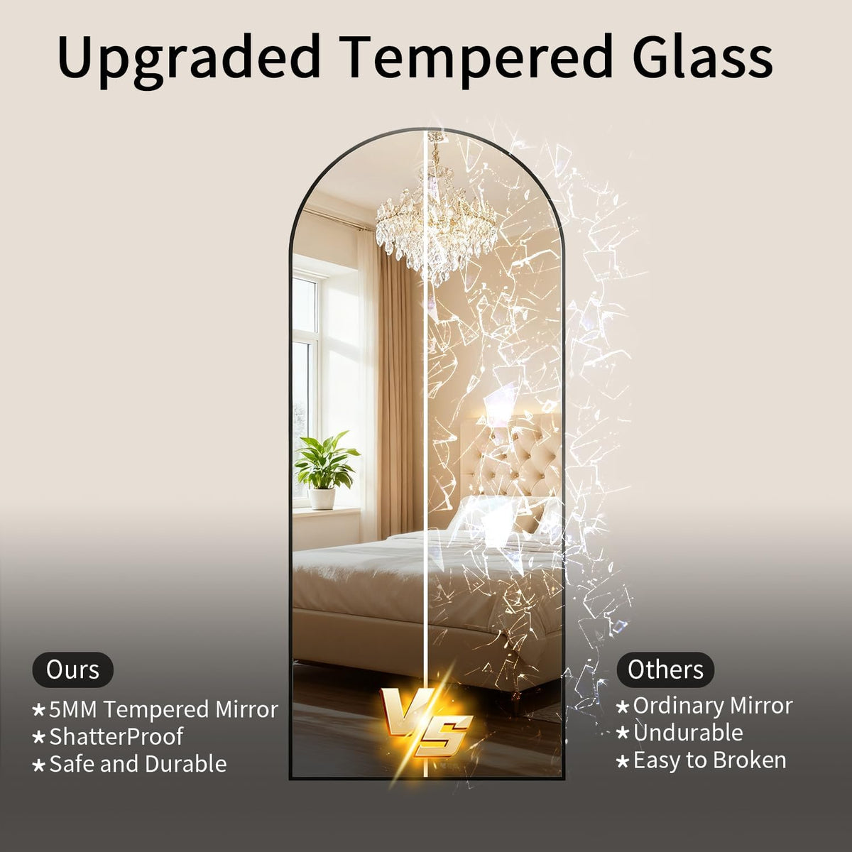 Full body spiegel, 165 x 60 cm boog, staande spiegel van gehard glas, hangend of leunend, grote wandspiegel voor slaapkamer, woonkamer, kleedkamer, zwart