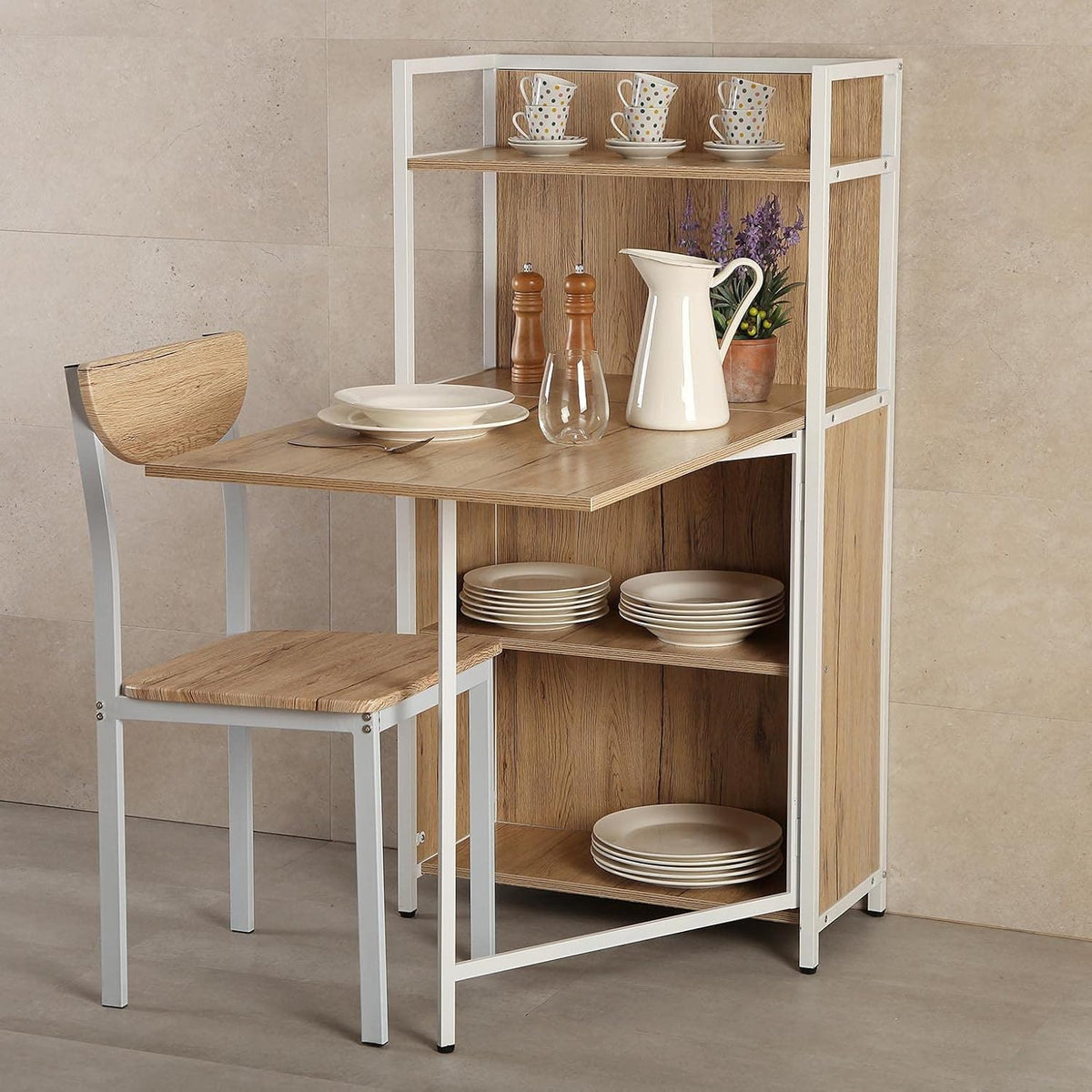 Versa Blumenau Eettafel met schappen voor keuken, terras, tuin of eetkamer, Inklapbaar werkblad, Afmetingen (H x B x H) 120 x 30 x 62 cm, Hout, PVC en Metaal, Kleur Bruin en Wit