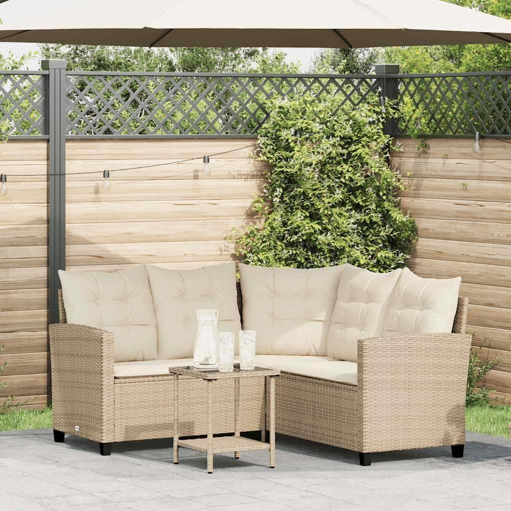 vidaXL Garden bench with table and cushions L-shaped beige poly rattan, garden furniture, garden bench, bench outdoor, lounge sofa garden, outdoor bench, balcony bench - QUORE