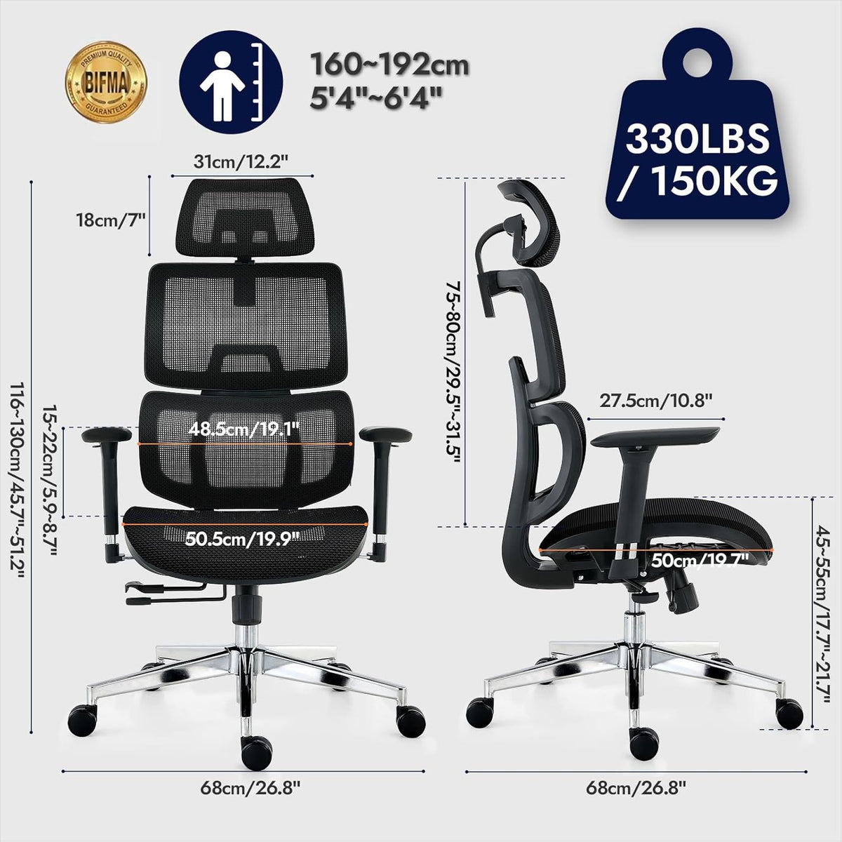 Ergonomic Office Chair, Fully Mesh Office Chair with Lumbar Support, Adjustable 3D Armrest, Headrest, Large and High Swivel Computer Chair (Effen - Black)