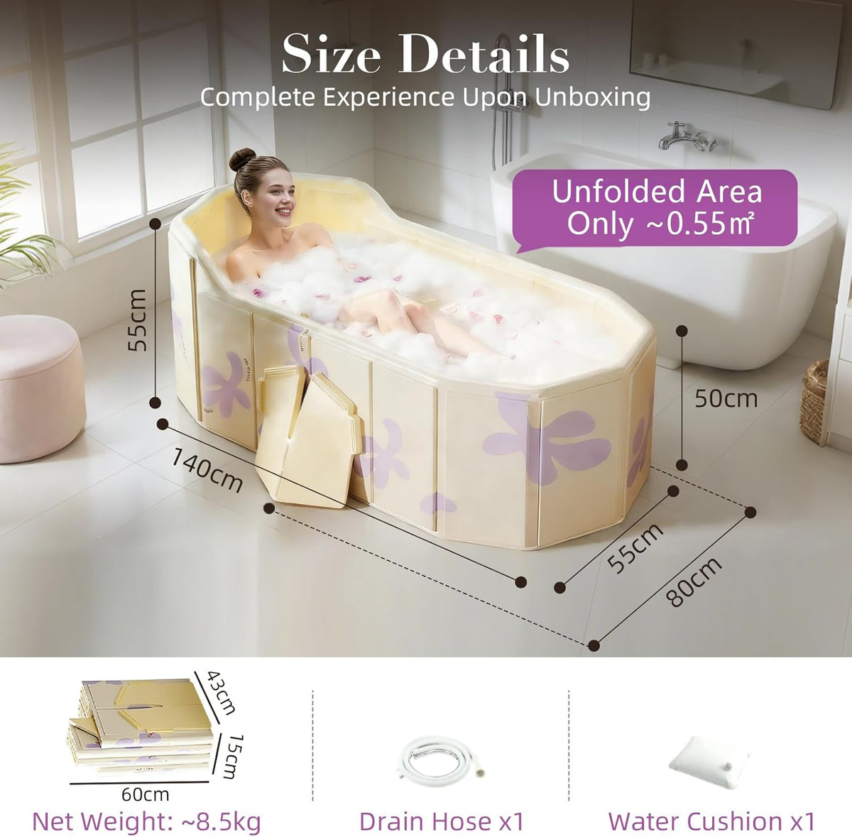 Opvouwbare badkuip voor volwassenen 140 x 55 x 55 cm – Draagbare badkuip, opvouwbaar bad, mobiele badkuip, ijsbad – Zonder installatie – 2-in-1 warm en koud waterbad met C-vormige rugleuning