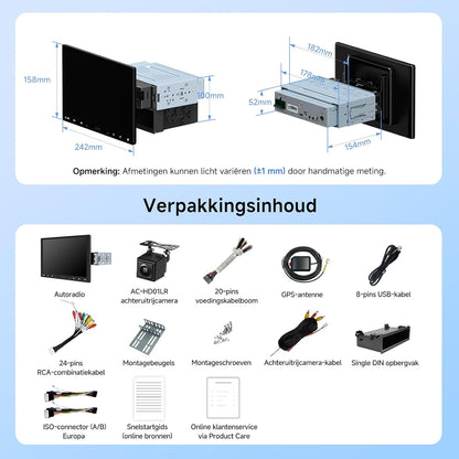 10,1 inch 2 DIN & 1 DIN Adaptieve Autoradio, Draadloze CarPlay & Android Auto, WiFi/BT/USB Tethering, 24-bands EQ, Achteruitrijcamera, HD LRV, 2G+32G