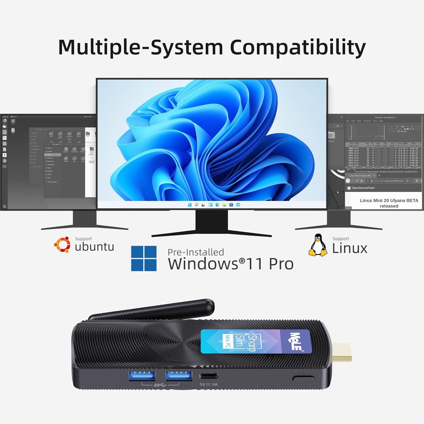 MeLE PCG02 Ventilatorloze Mini PC Stick, Celeron N4000 4GB 128GB met Windows 11 Home Micro Desktop Computer, HDMI USB3.0 Wi-Fi Gigabit Ethernet Draagbare SFF voor Industri毛le IoT
