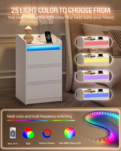 Hzuaneri Bedside Table Set of 2 with 3 Drawers, Side Table with Charging Base and LED, 2 AC Outlets and 2 USB Ports for Bedroom, Living Room, White NS40103X