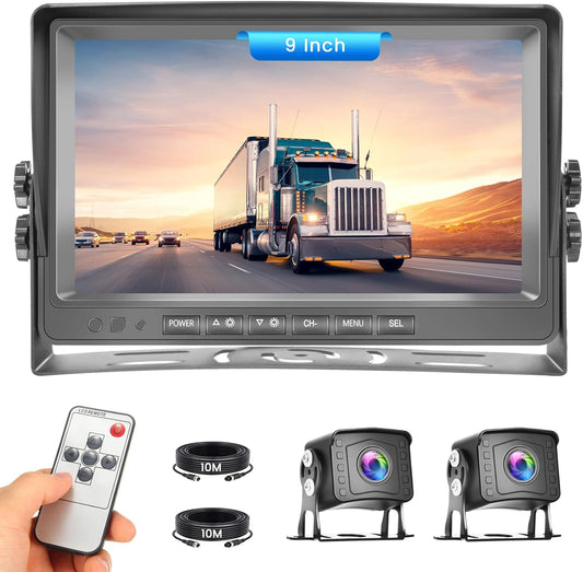 Achteruitrijcamerasysteem met dubbele camera, video-opname, 9 inch lcd-monitor DVR, IP69 waterdicht, full-colour nachtzicht, autocamera met 2 x 10 m kabel voor aanhanger, vrachtwagen, bus