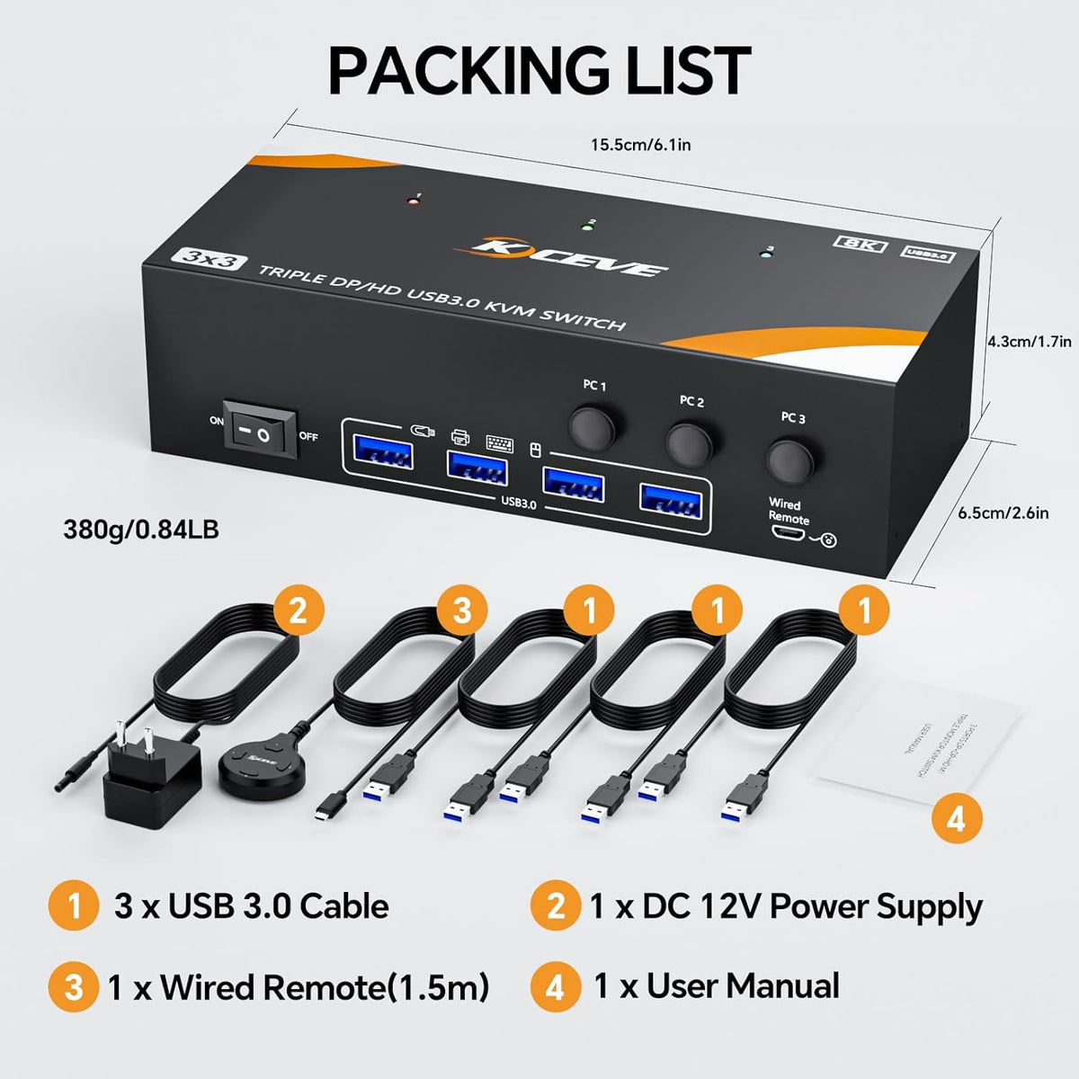KVM Switch 3 PC 3 monitoren 8K @60Hz / 4K @144Hz, Displayport 1.4 HDMI 2.1 USB 3.0 KVM Switch Triple Monitor voor 3 PC delen muis, toetsenbord met bedrade afstandsbediening en 12V Power