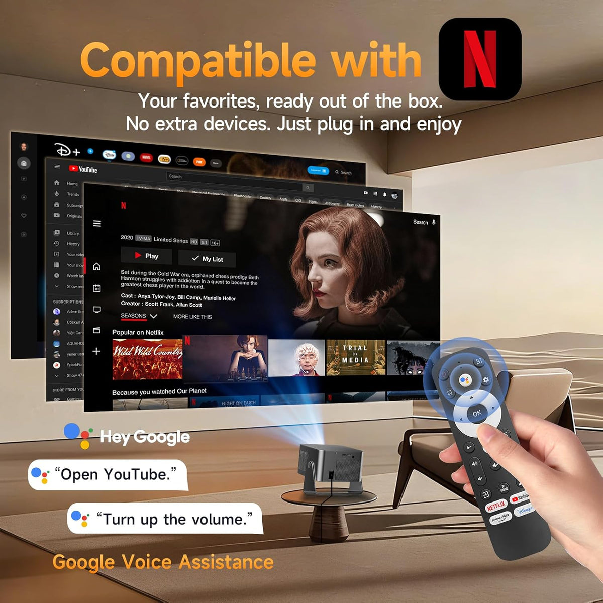 Alwtniet Beamer 4k met Google TV, native Full HD 1080p mini-projector, thuisbioscoop, bluetooth, wifi, kleine smart korte afstand, projector, autofocus, 6d trapeziumcorrectie voor outdoor, mobiele