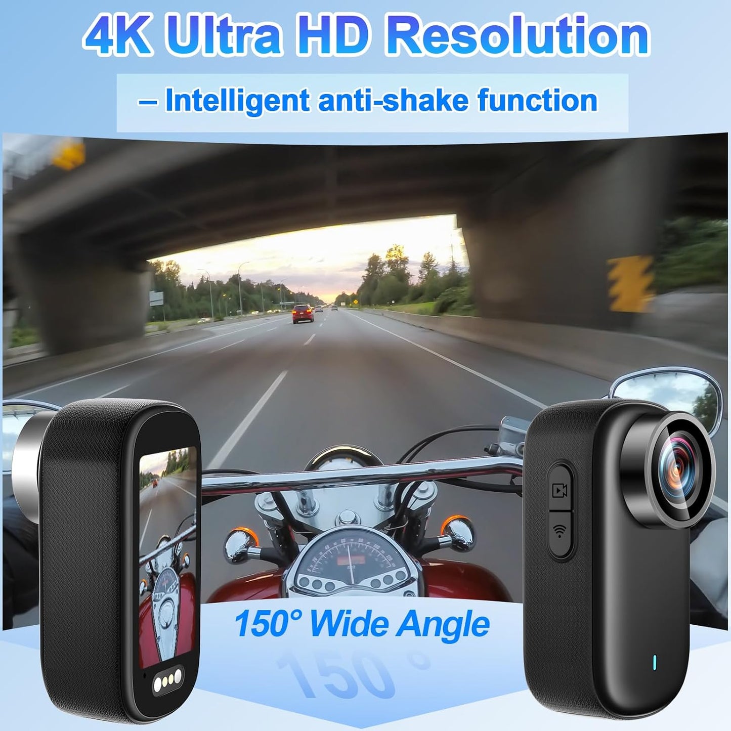 Mini Action Cam WiFi met scherm, 4K UHD en 150° groothoek, IP65 waterdichte bodycam 4K 64GB, draagbare anti-shake helmcamera motorfiets - ideaal voor sport en outdooractiviteiten