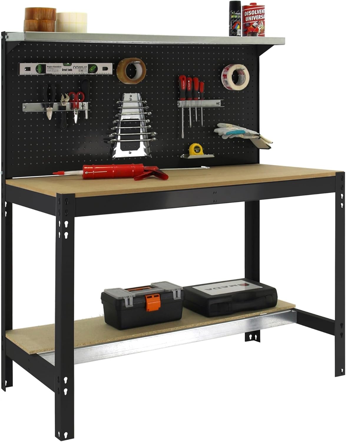 Simon Rack Sterke Werkbank met Bovenplank en Geperforeerd Paneel, 1445x910x610 mm, 400 kg Draagvermogen, Metalen Frame en Houten Werkblad, Compleet voor Werkplaats, Antraciet/Hout – BT3