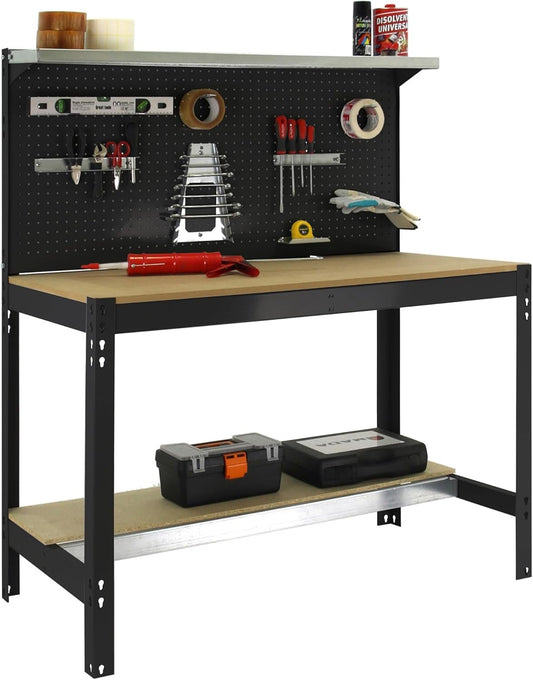Simon Rack Sterke Werkbank met Bovenplank en Geperforeerd Paneel, 1445x910x610 mm, 400 kg Draagvermogen, Metalen Frame en Houten Werkblad, Compleet voor Werkplaats, Antraciet/Hout – BT3
