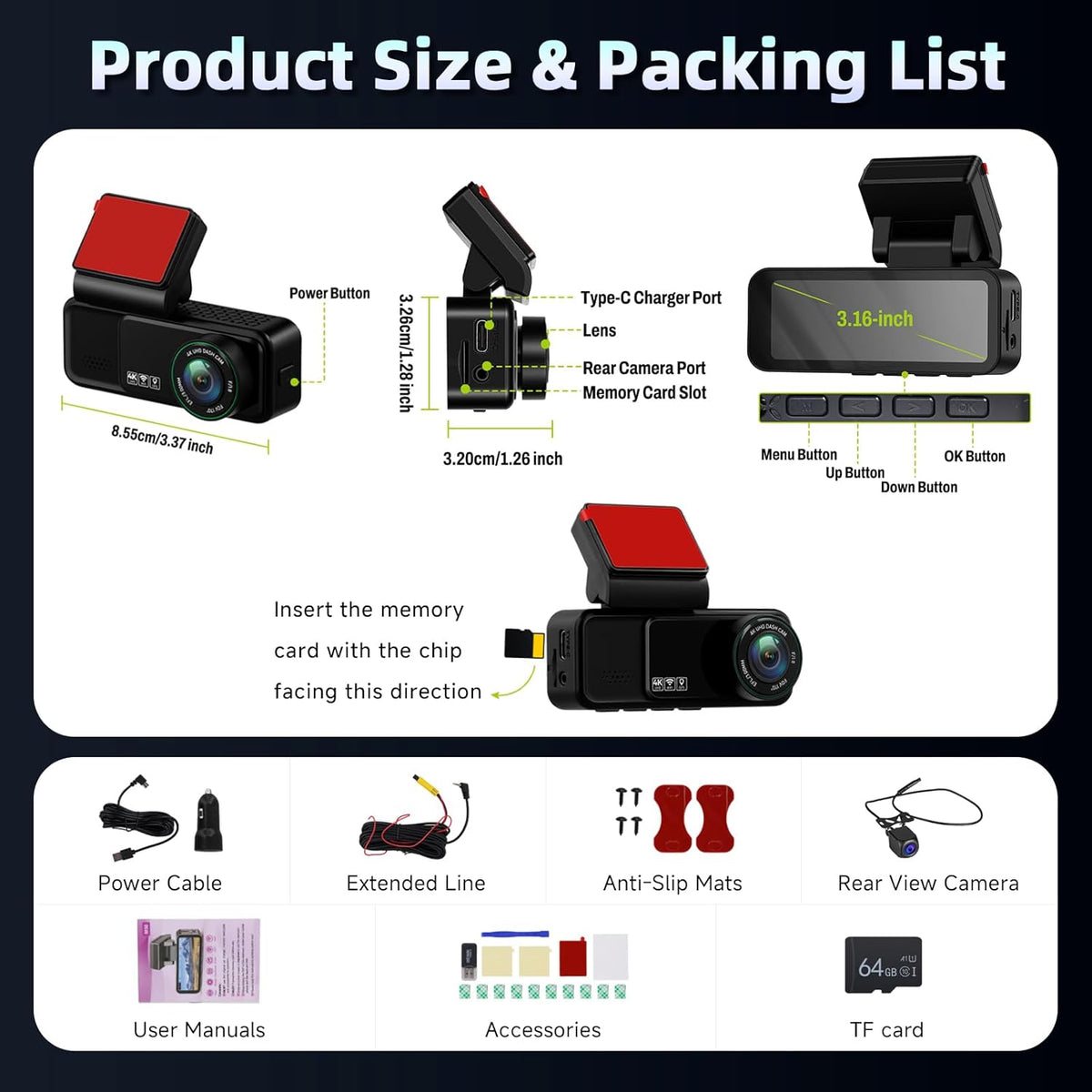Hodozzy 4K Dashcam met voor- en 2K achteruitrijcamera, 3,16-inch IPS-scherm, dashcam voor auto's, wifi- en app-bediening, ADAS, BSD en LCA, nachtzicht, G-sensor, loop-opname, parkeermodus-monitor