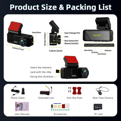 Hodozzy 4K Dashcam met voor- en 2K achteruitrijcamera, 3,16-inch IPS-scherm, dashcam voor auto's, wifi- en app-bediening, ADAS, BSD en LCA, nachtzicht, G-sensor, loop-opname, parkeermodus-monitor