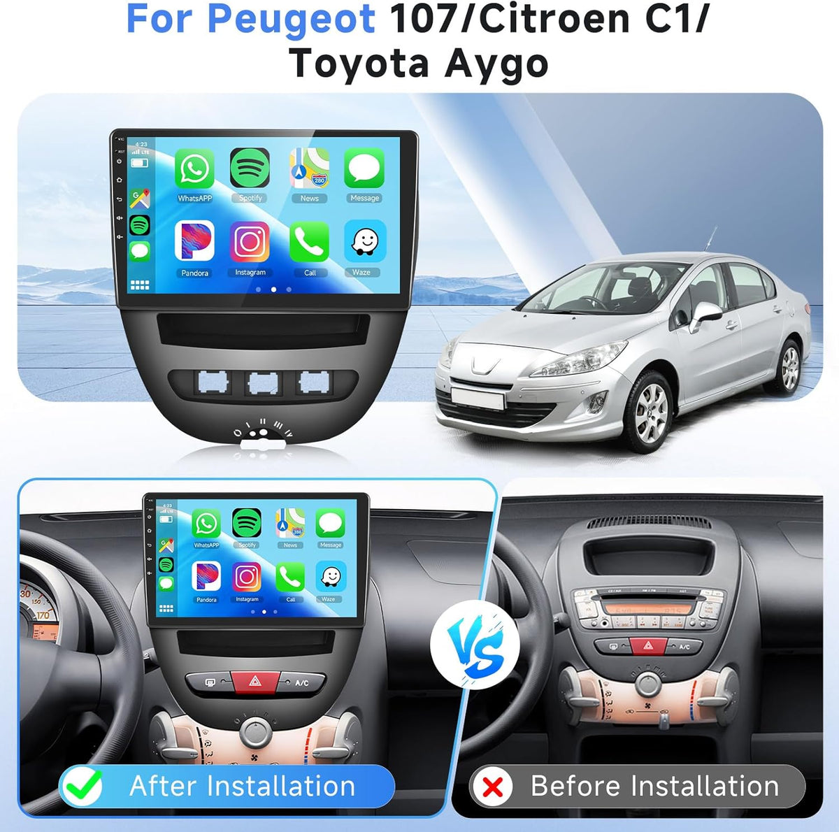 Draadloze CarPlay autoradio voor Citroen C1/Toyota Aygo/Peugeot 107, Podofo 10,1-inch touchscreen Android met draadloze Android Auto, Bluetooth/GPS/WiFi/FM/RDS/HiFi/USB/stuurwielbediening