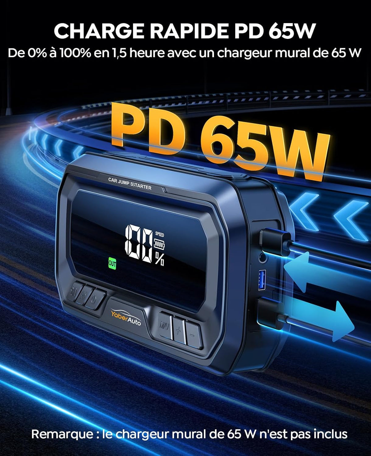 YaberAuto 10-in-1 booster auto accu 7000 A, PD 65 W, compressor 160 psi, 26800 mAh, 600 lm LED, groot scherm starter batterij, met jump starter verlengde kabel voor (alle gas of 12 l diesel)