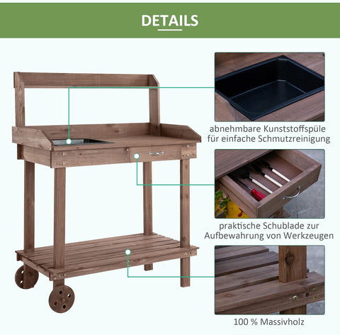 Oppottafel - Tuinwerktafel - Plantentafel -Tuinwerkbankje - met Schuiflade - 2 Niveaus - Bloementafel - voor Tuin - Sparrenhout - 92 x 45 x 119 cm - Bruin