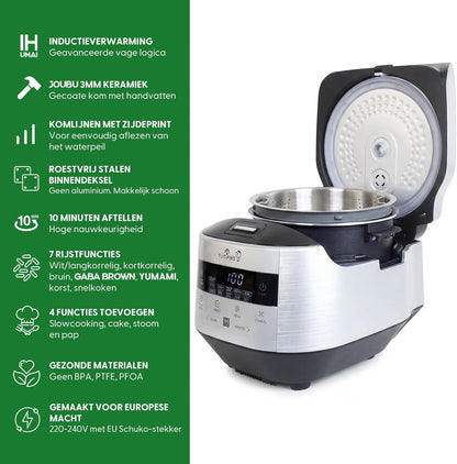 Rijstkoker – Multicooker – Stoomkoker – Slowcooker – Metallic Zilver – Inductieverwarming (IH) – 7 Rijstprogramma’s