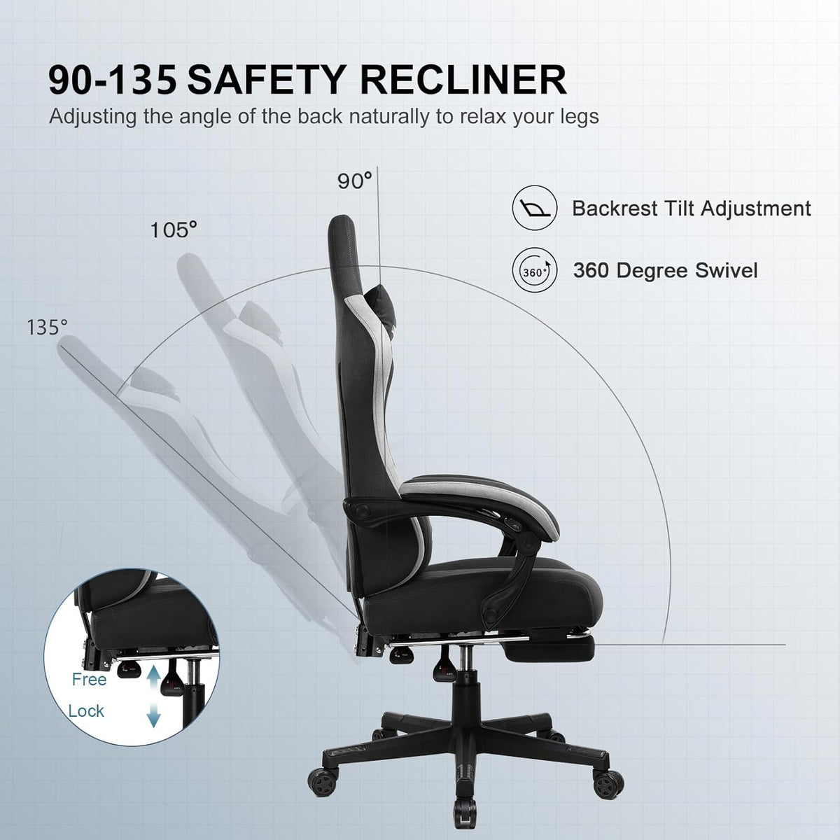 GTPLAYER Gaming Chair, Ergonomic Gaming Chair, Office Chair with Fabric Surface, Spring Seat Cushion, Connecting Armrests and Footrest Black - QUORE
