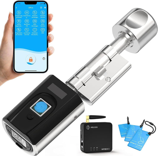WELOCK Vingerafdruk Elektronisch Deurslot Voordeur SECBN51WIFIBOX 3, RFID-Kaart Transponder, Ble APP WIFI Werkt met Alexa IP65 Voor 30-70mm Deur Gateway Combikit