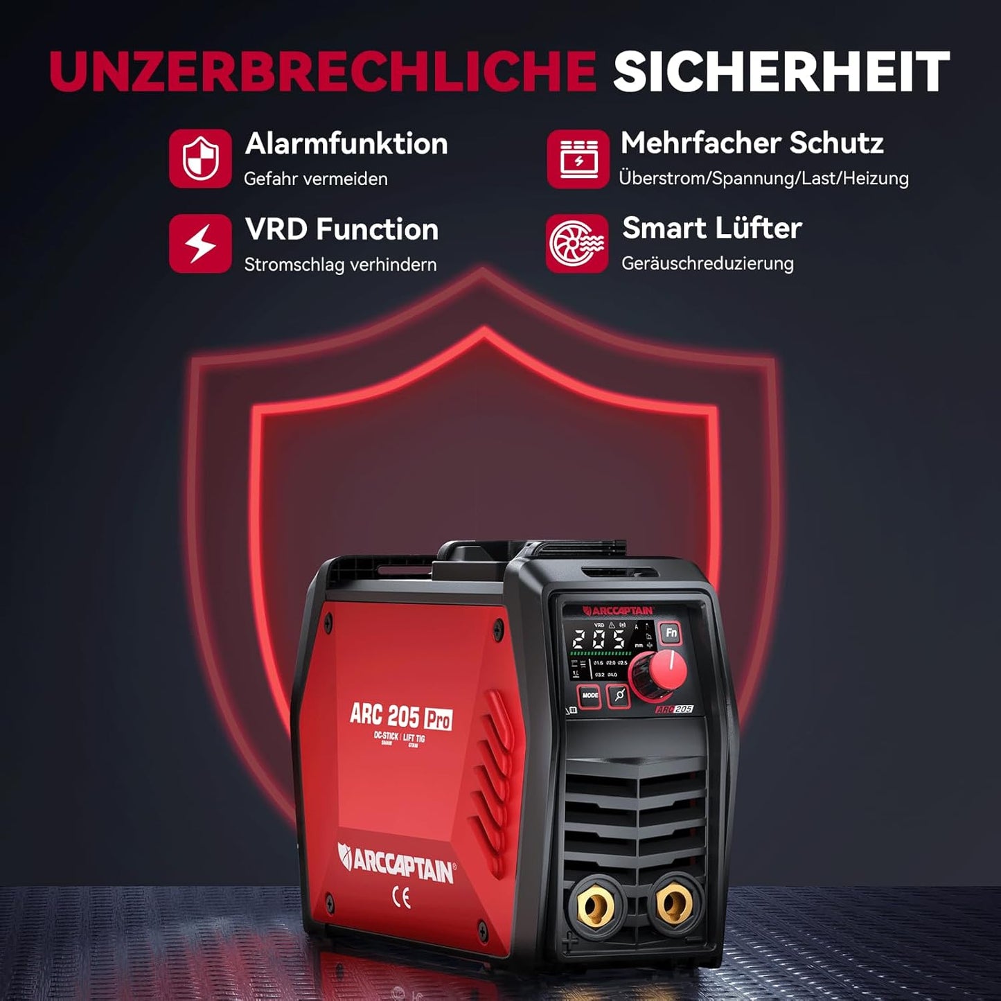 ARCCAPTAIN IControl ARC205 Pro Elektrodenlasapparaat, app-bediening, 205 ampère ARC/Lift TIG lasapparaat, led-display, IGBT inverter 230 V MMA lasapparaat met warmstart, boogkracht en anti-stick
