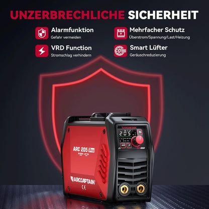 ARCCAPTAIN IControl ARC205 Pro Elektrodenlasapparaat, app-bediening, 205 ampère ARC/Lift TIG lasapparaat, led-display, IGBT inverter 230 V MMA lasapparaat met warmstart, boogkracht en anti-stick