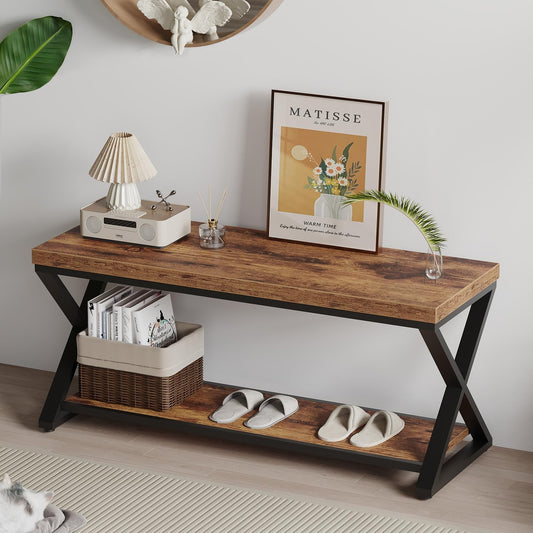 IBF Houten bank binnen, houten instapbank met schoenenopbergrek voor entree, industriële entree bank voor foyer slaapkamer woonkamer entree organisatie, rustiek bruin eiken, 99 cm lang