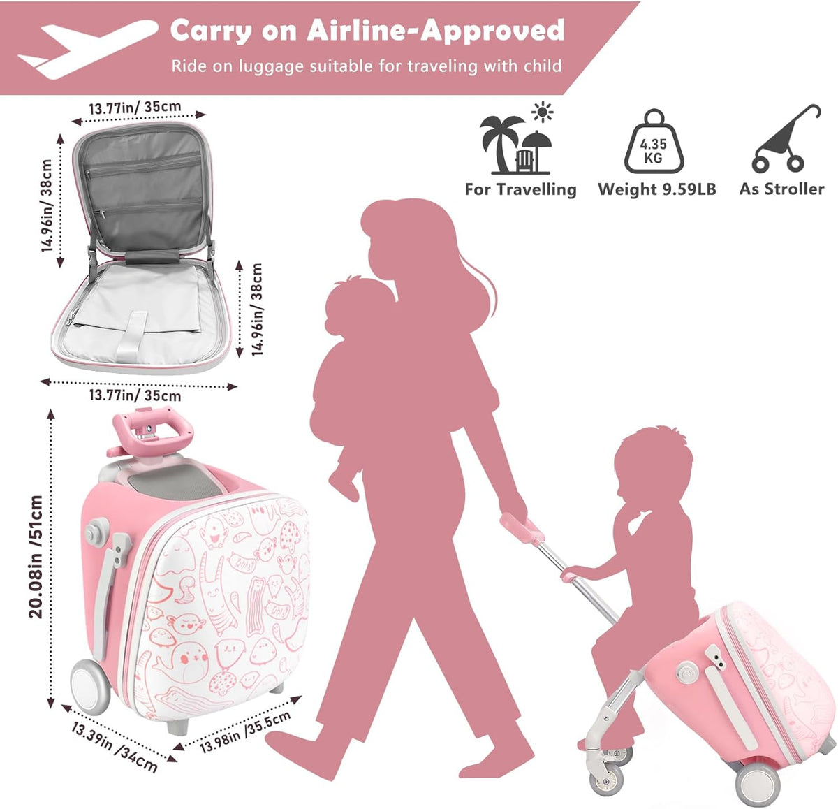 Ride-On koffer voor kinderen, 2-in-1 lichtgewicht reisbagage met 360 ° Spinner wielen, duurzame Carry-On trolley tas voor meisjes jongens - Max belasting 50KG (Graffiti-stijl roze en wit)
