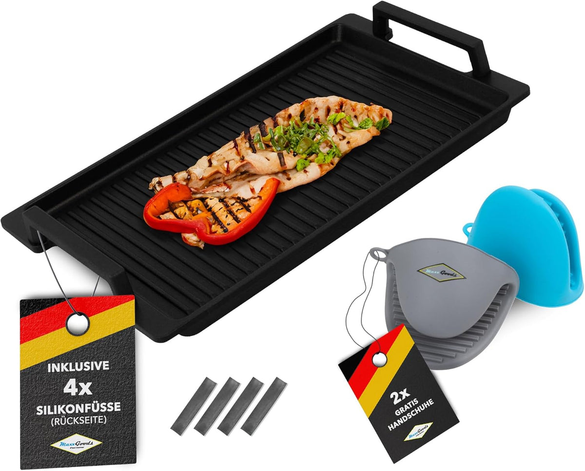 Gegoten aluminium grillplaat met zijgrepen - geribbeld - 41 x 24 x 2,5 cm - voor inductie en alle gangbare kookplaten - keramisch oppervlak - anti-aanbaklaag - Made in Germany - PFOA-vrij