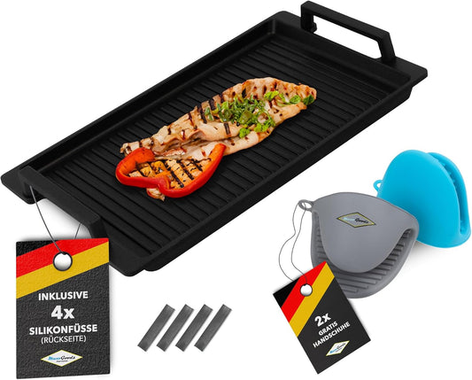 Gegoten aluminium grillplaat met zijgrepen - geribbeld - 41 x 24 x 2,5 cm - voor inductie en alle gangbare kookplaten - keramisch oppervlak - anti-aanbaklaag - Made in Germany - PFOA-vrij