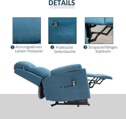 Elektrische Opstastoel – Relaxstoel – Tv-Stoel – Opstahulp Stoel – Seniorenstoel – Verstelbare Rugleuning Tot 160° – Ademend Linnenbekleding – Blauw